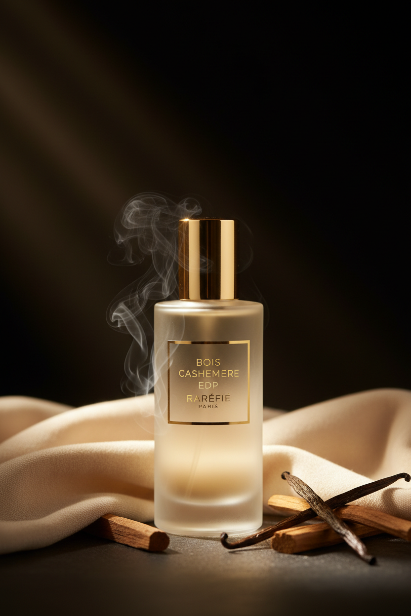 Bois de Cashmere EDP by Rarefie Paris — luxury frosted glass bottle with gold cap on dark background with warm golden light